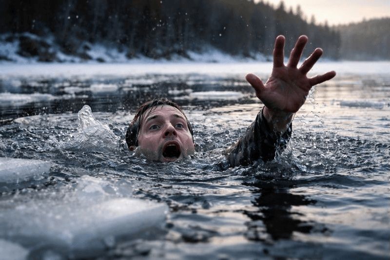 Person gasping while struggling in icy, partially frozen water