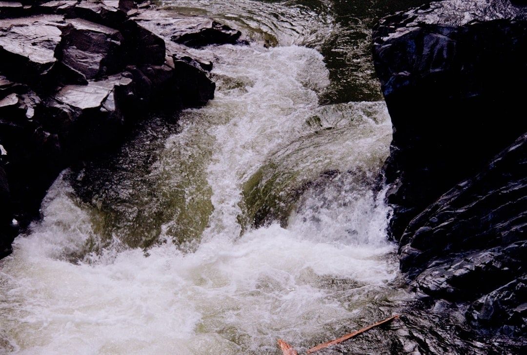 Whitewater rushes between dark rocks, forming turbulent river hazards